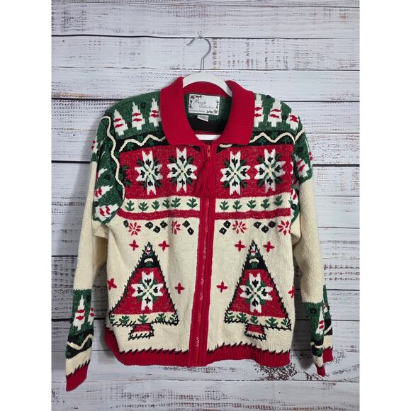 VTG Ugly Christmas Sweater Full Zip Cardigan Women's M Private Collection - Picture 1 of 7